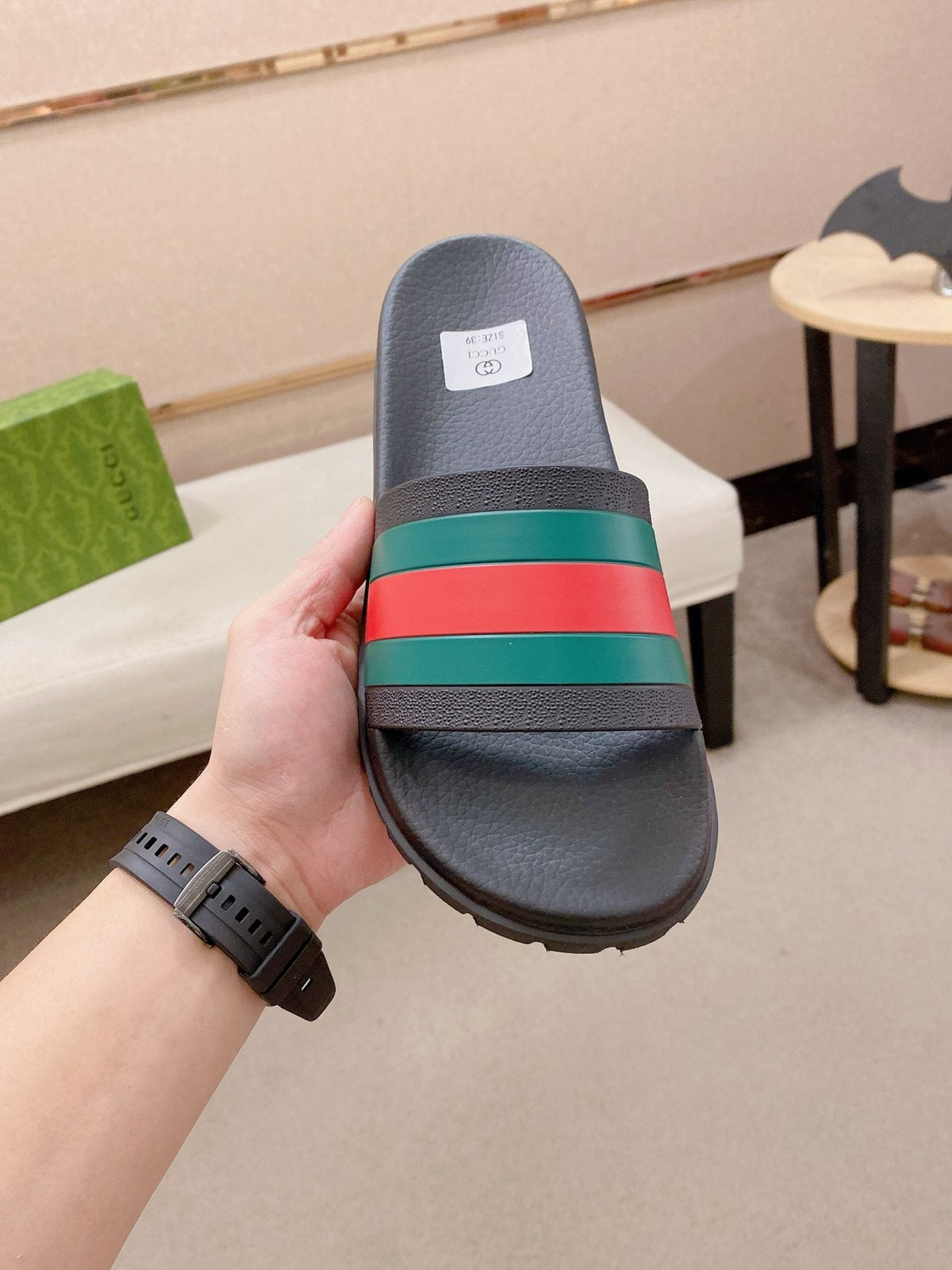 Gucci Green-Red Stripe Slide Sandals