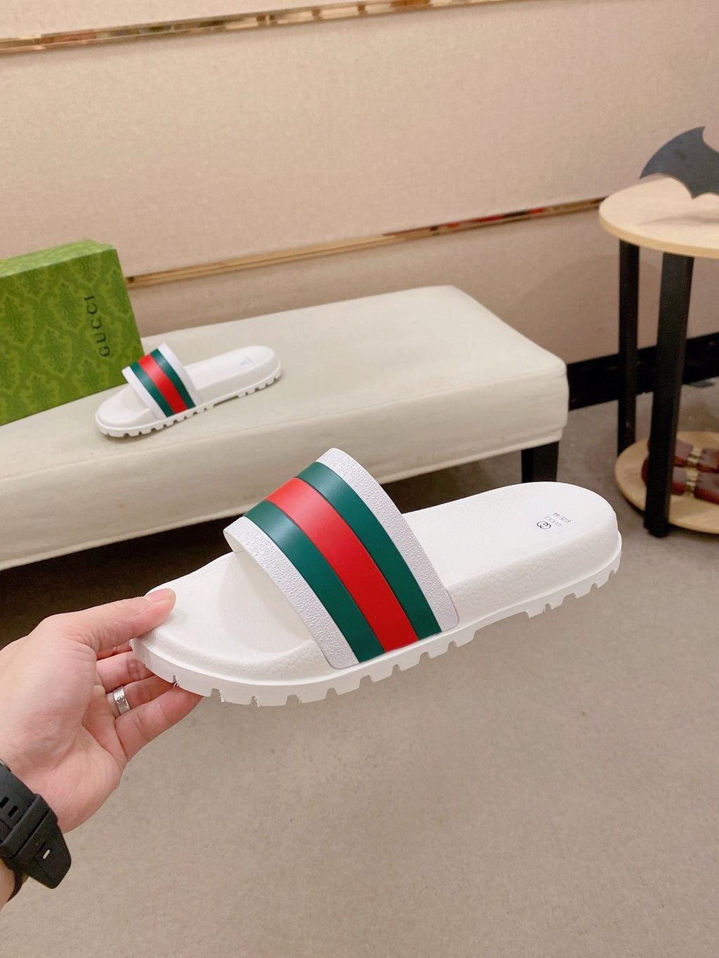 Gucci Green-Red Stripe Slide Sandals