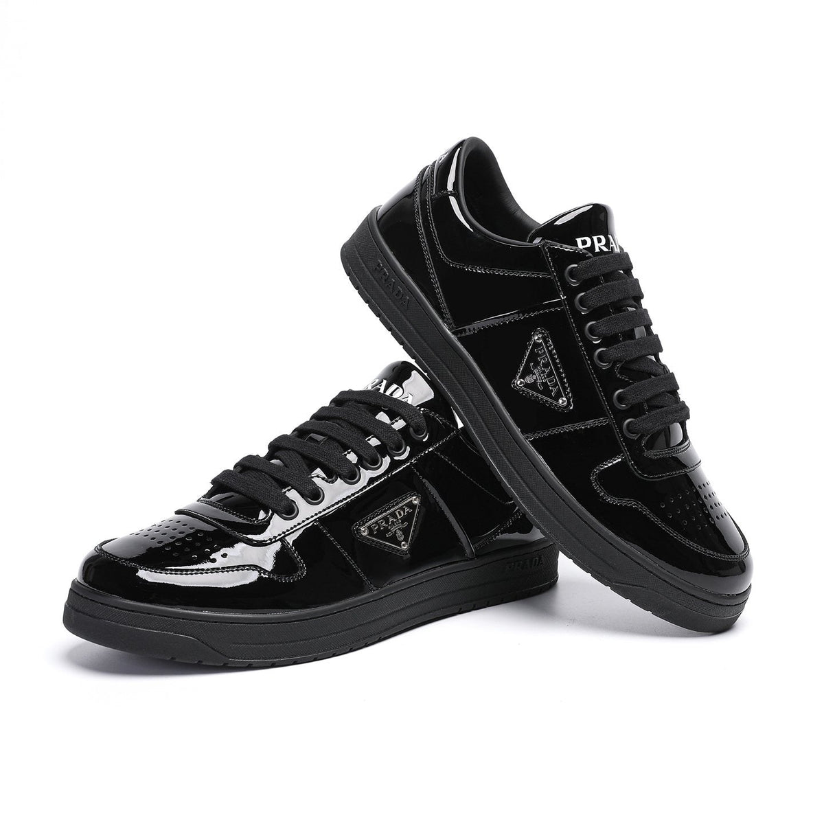 Prada Men's Triangle Plaque Low-Top Sneakers - Perforated Toe Box