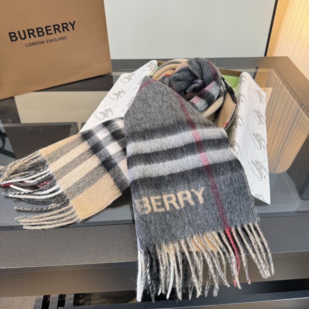Burberry Charcoal Gray and Beige Plaid Scarf